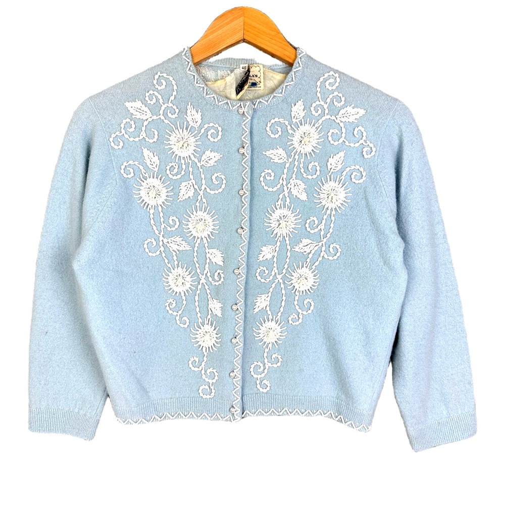 Harilelas Beaded Cardigan Women Medium Blue Lambswool Angora Vintage Floral Crop